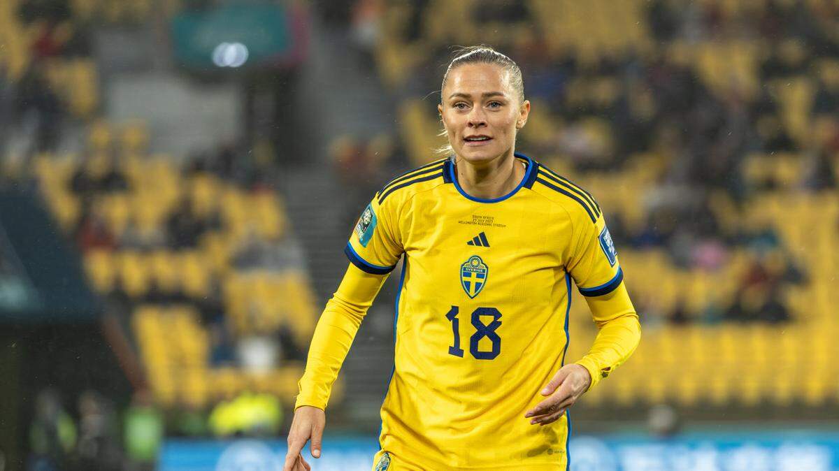 La jugadora de Suecia Fridolina Rolfo anotó un gol en la victoria de su equipo 2-1 ante la vigente campeona africana Sudáfrica, en el partido del Mundial femenino celebrado el 23 de julio de 2023 en Wellington, Nueva Zelanda.
