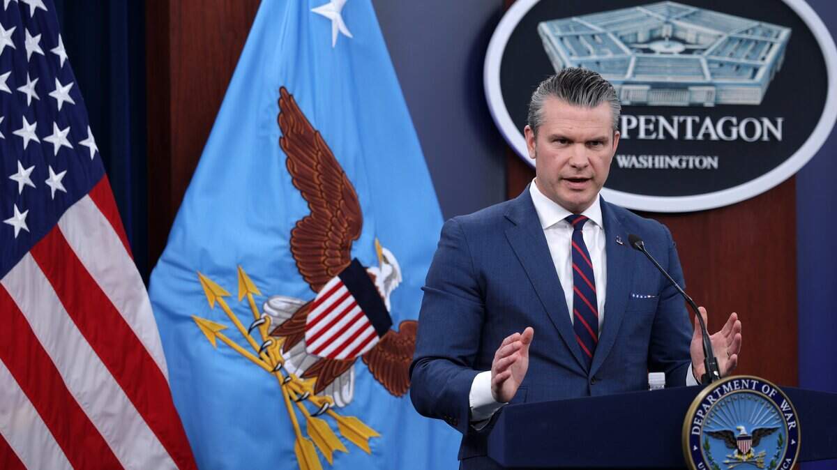ARLINGTON, VIRGINIA - MARCH 02: U.S. Secretary of War Pete Hegseth speaks during a news conference at the Pentagon on March 2, 2026 in Arlington, Virginia. Secretary Hegseth and Chairman of the Joint Chiefs of Staff General Dan Caine held the news conference to give an update on Operation Epic Fury. (Photo by Alex Wong/Getty Images)