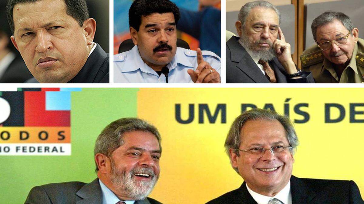 Arriba: El fallecido presidente de Venezuela Hugo Chávez, el actual presidente venezolano Nicolás Maduro, y los líderes cubanos Fidel y Raúl Castro. Abajo: El ex presidente brasileño Luiz Inácio Lula da Silva (izq.) con su jefe de gabinete José Dirceu, en una foto de archivo del 2012.