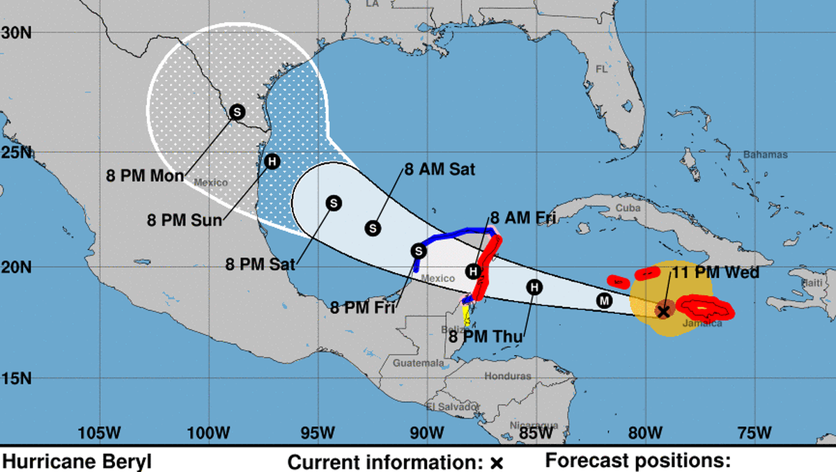 El huracán Beryl, de categoría 4 en la escala Saffir-Simpson, presenta una trayectoria hacia las costas de la Península de Yucatán, sureste de México.