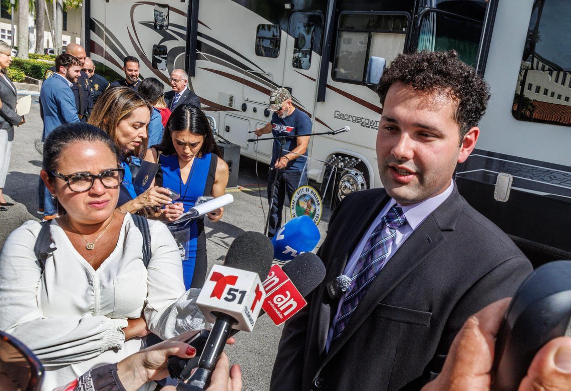 Hialeah City Councilman Bryan Calvo speaks to the press after a press conference held at City Hall by Mayor Esteban Bovo, Jr. and Council President Jesús Tundidor to announce the approval of the ordinance that Restricts recreational vehicles, including motor homes, boats and commercial vehicles in the municipality, on Wednesday, January 24, 2024.