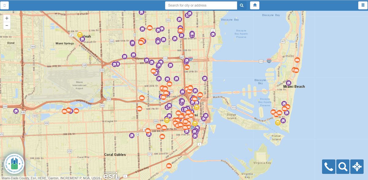 Mapa para encontrar las casas asequibles en el sur de la Florida a través del Departamento de Vivienda y Desarrollo Urbano de EEUU (HUD)