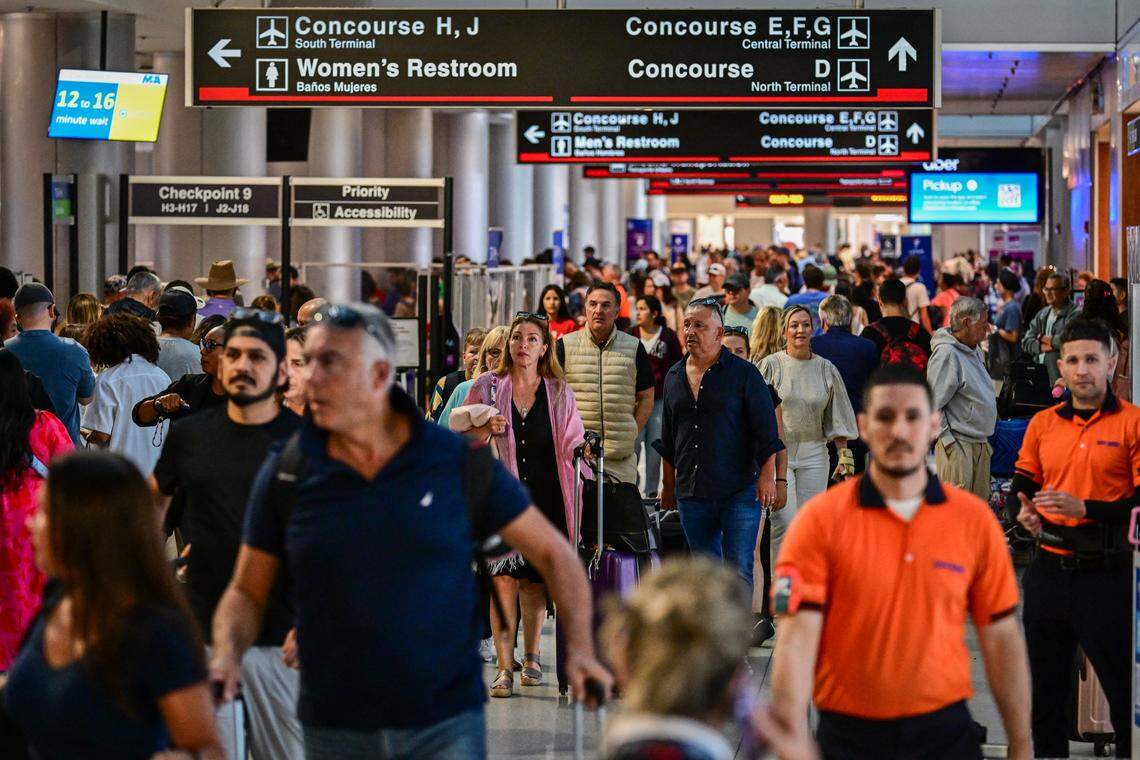 Travelers pass through Miami International Airport during Memorial Day weekend on May 24, 2025 in Miami, Florida. This Memorial Day, travel is expected to break records according to AAA, with an estimated 45.1 million travelers. About 3.6 million of those expected travelers will be flying to their destinations. (Photo by Giorgio VIera / AFP) (Photo by GIORGIO VIERA/AFP via Getty Images)