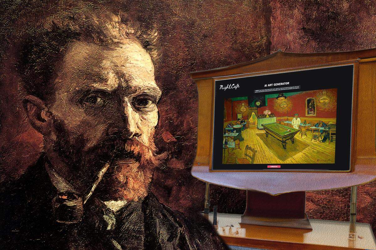 ‘Vincent’s Dive Bar’, 2025, de la serie “Viejos maestros de la AI”. 24 x 36 x 1.5 pulgadas. Retroiluminación LED en marco ultrafino o lienzo tensado. Edición / 100.