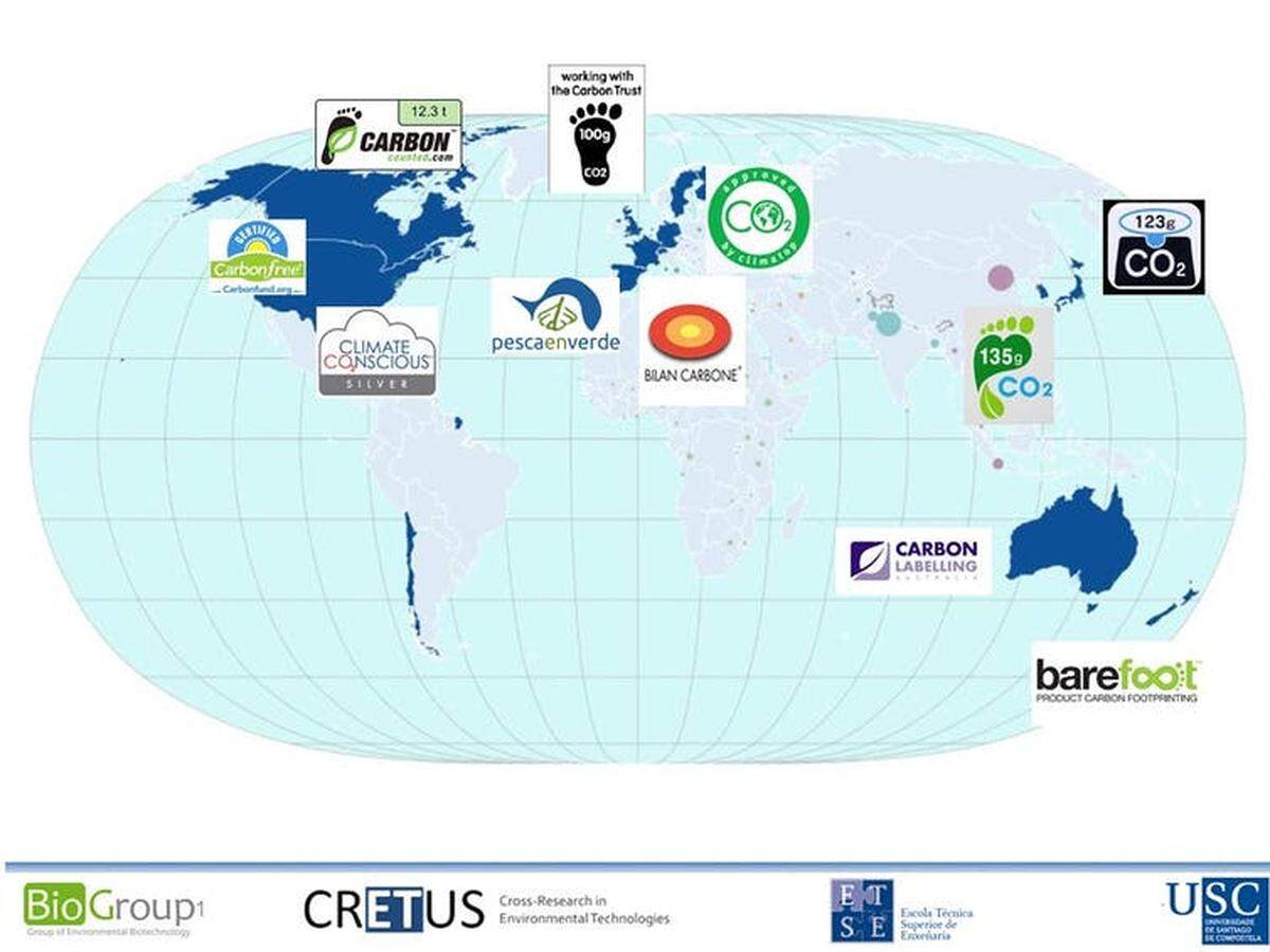 Figura 1. Ejemplo de algunas ecoetiquetas relacionadas con la huella de carbono que se aplican en el ámbito de la alimentación. En azul oscuro algunos de los países con implantación de ecoetiquetas de huella e carbono en el ámbito de la alimentación. Gumersindo Feijoo.