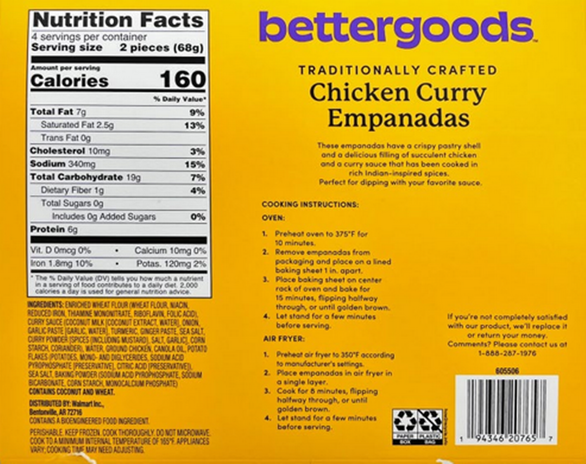 La parte trasera de las cajas de Empanadas de Pollo con Curry de la marca bettergoods. En la lista de ingredientes la leche no aparece entre los alérgenos.