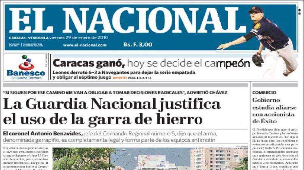 Portada del diario El Nacional del 29 de enero de 2010. 