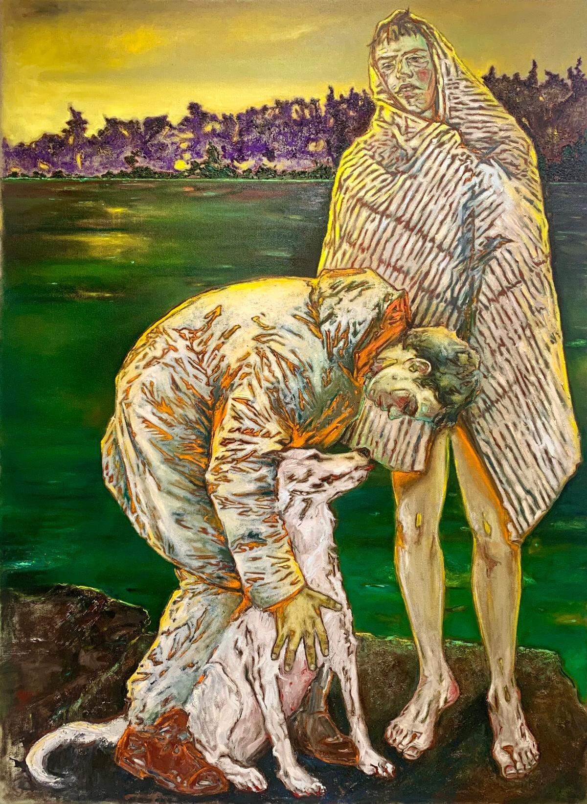 “Trinity River”, 2023, óleo, cera y arena sobre lienzo, 68 × 50 pulgadas.