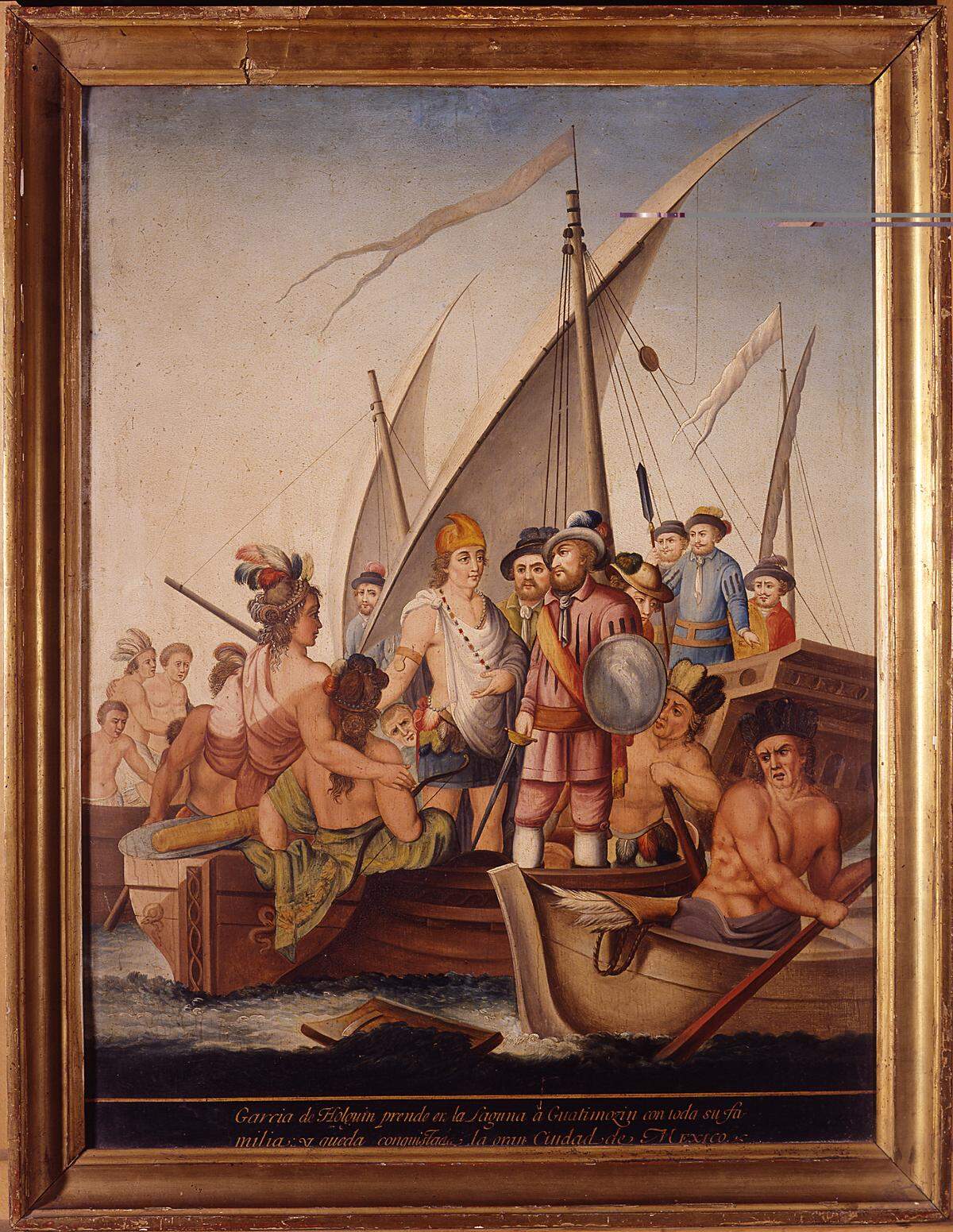 García de Holguín prende a Guatimozin, grabado, Museo de América, Madrid.