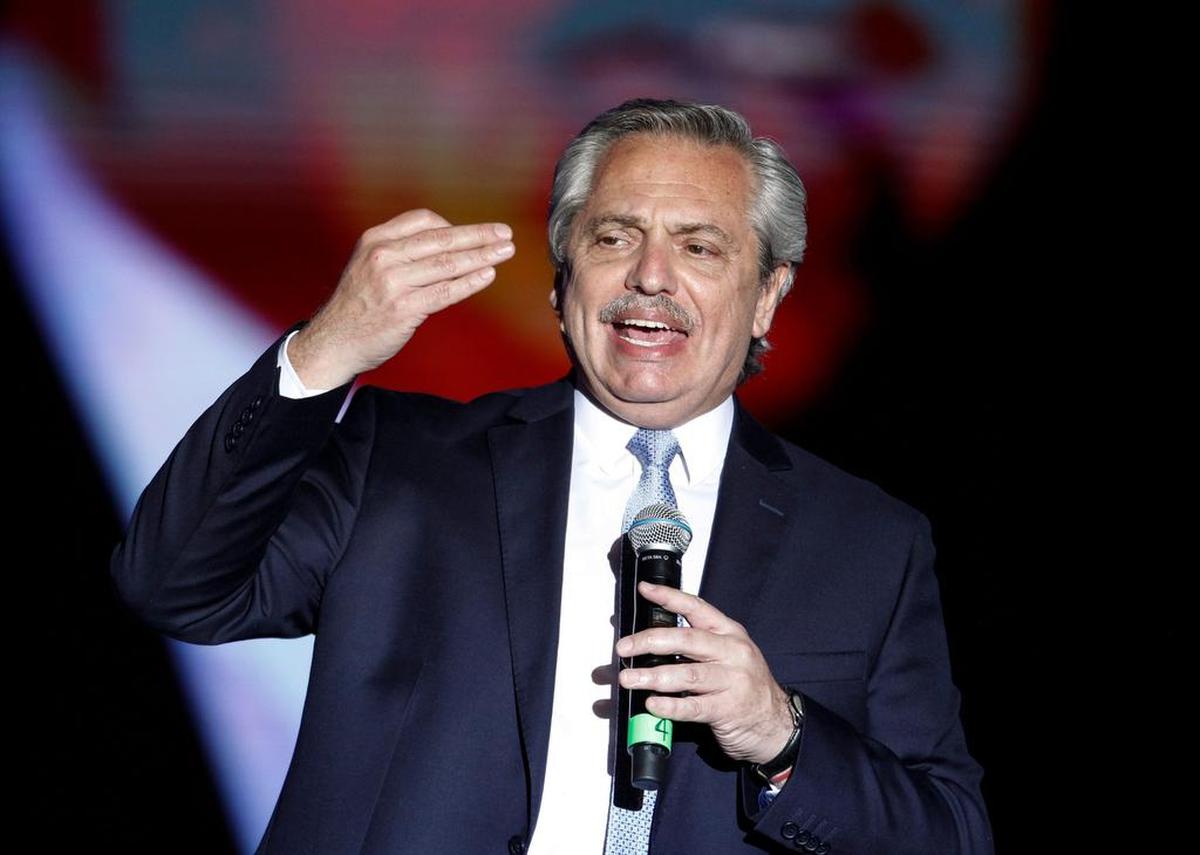 Argentina’s President Alberto Fernández gives a speech outside the presidential palace in Buenos Aires during his inauguration on Dec. 10, 2019.