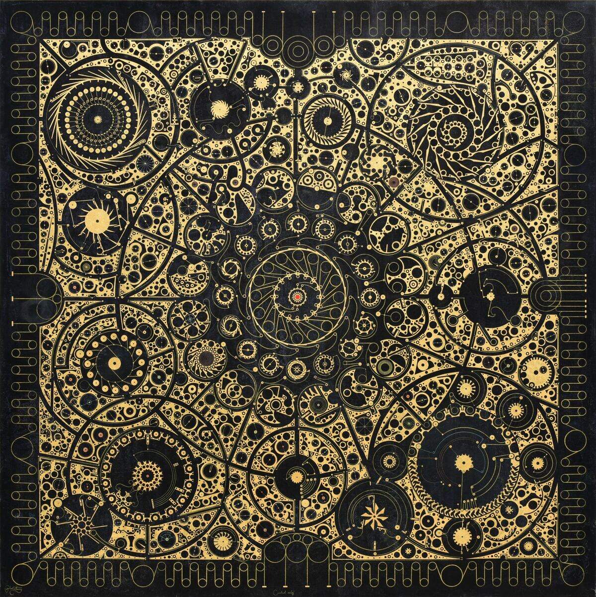 ‘Ciudad reloj’, 2018, óleo y lápices de acuarela sobre lienzo, 96 x 96 pulgadas.