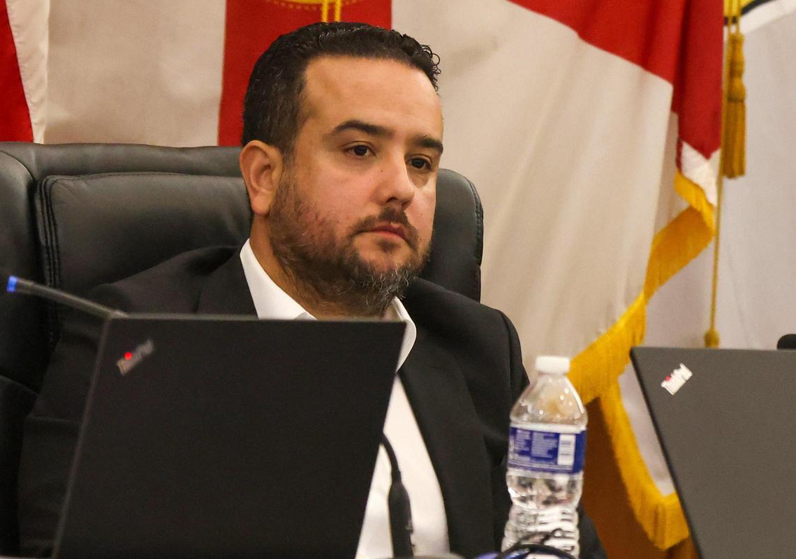 Affordable Housing Task Force member Alex Ruiz listens as Mayor Bovo addresses the committee. The City of Hialeah held its press conference and Affordable Housing Task Force meeting at City Hall on Monday, January 29, 2024 in Hialeah, Florida.
