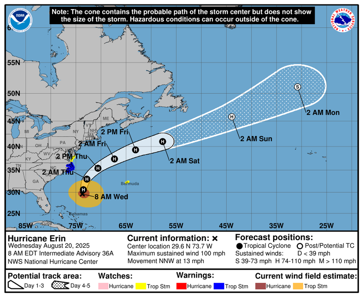 El huracán Erin causará olas eormes en la costa oeste de EEUU.