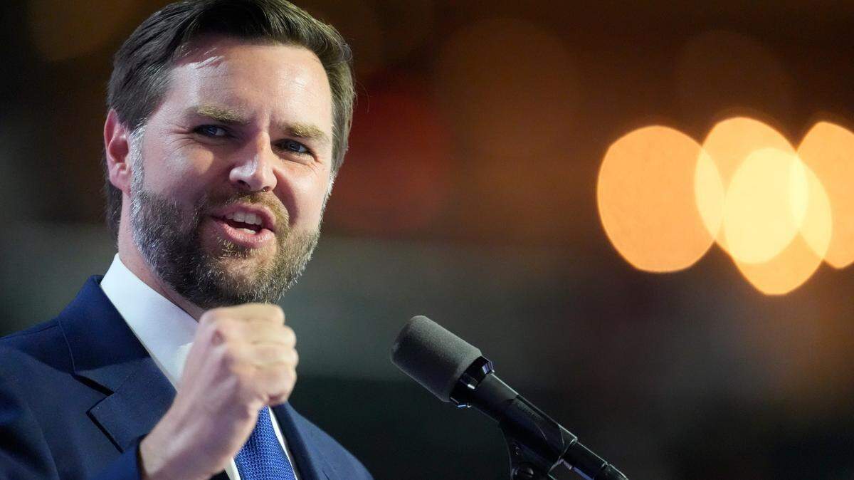 Republican vice presidential nominee Sen. J.D. Vance, R-Ohio, speaks during the third day of the Republican National Convention at Fiserv Forum. The third day of the RNC focused on foreign policy and threats.