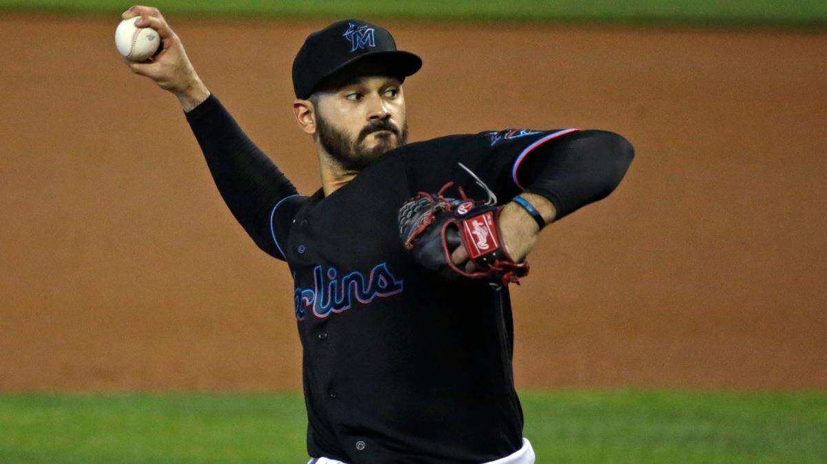 Miami Marlins pitcher Pablo Lopez (49) pitches against the Atlanta Braves during the first inning of the first game of the season at Marlins Park in Miami on Friday, August 14, 2020.