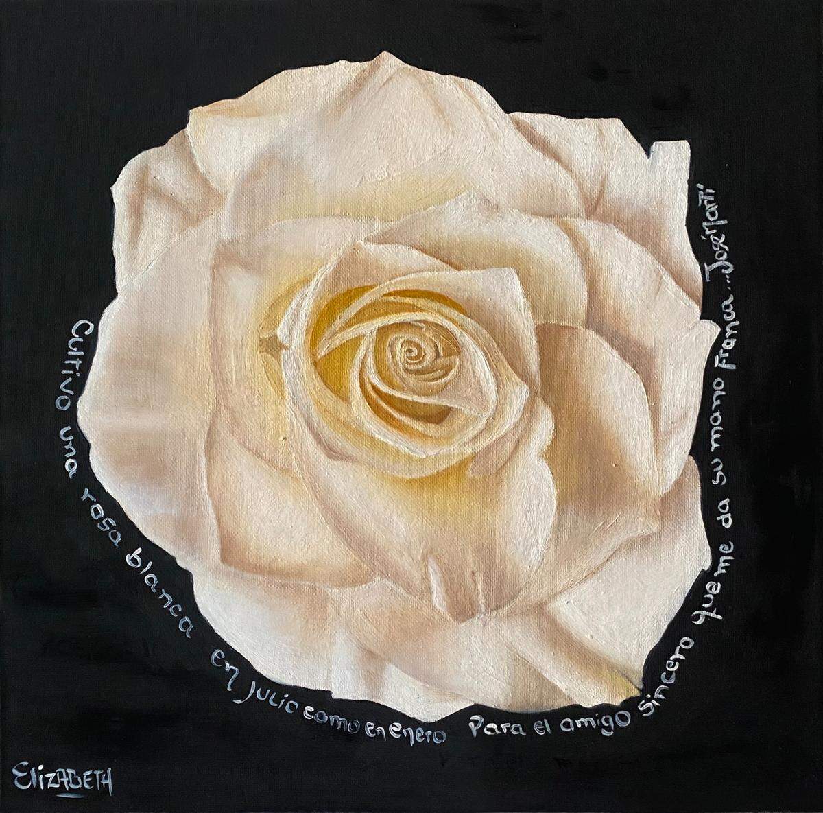 La obra “Una rosa blanca” de la artista argentina Elizabeth Colazo simboliza la pureza del amor, la conexión entre dos personas, que reflejó José Martí en un poema titulado “Cultivo una rosa blanca”