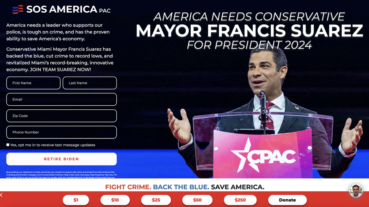 La página web de SOS America, el súper PAC federal que apoyó las brevísimas aspiraciones presidenciales de Francis Suárez.