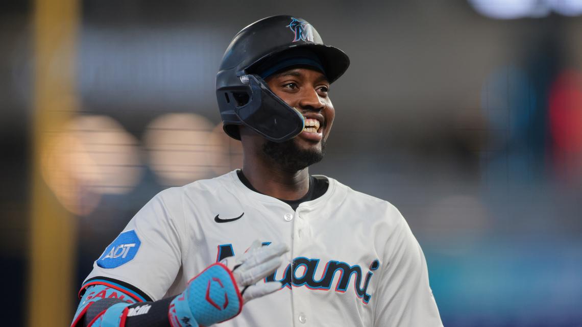 May 19, 2025; Miami, Florida, USA; Miami Marlins right fielder Jesus Sanchez (7) circles the bases after hitting a solo home run against the Chicago Cubs during the first inning at loanDepot Park. Mandatory Credit: Sam Navarro-Imagn Images