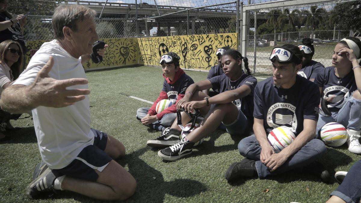Marcelo Landau, who recently opened a soccer academy in Little Havana for visually impaired children, talks to his players. He directed the city of Doral’s soccer programs for 17 years and plans to expand into Doral.