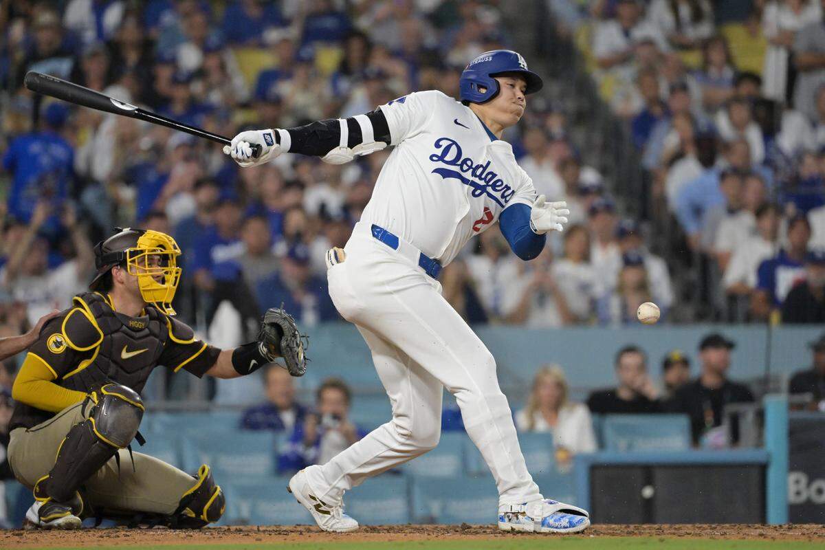 El bateador designado de los Dodgers Shohei Ohtani contra los Padres de San Diego, en el partido de postemporada celebrado el 11 de octubre de 2024 en Nueva York.