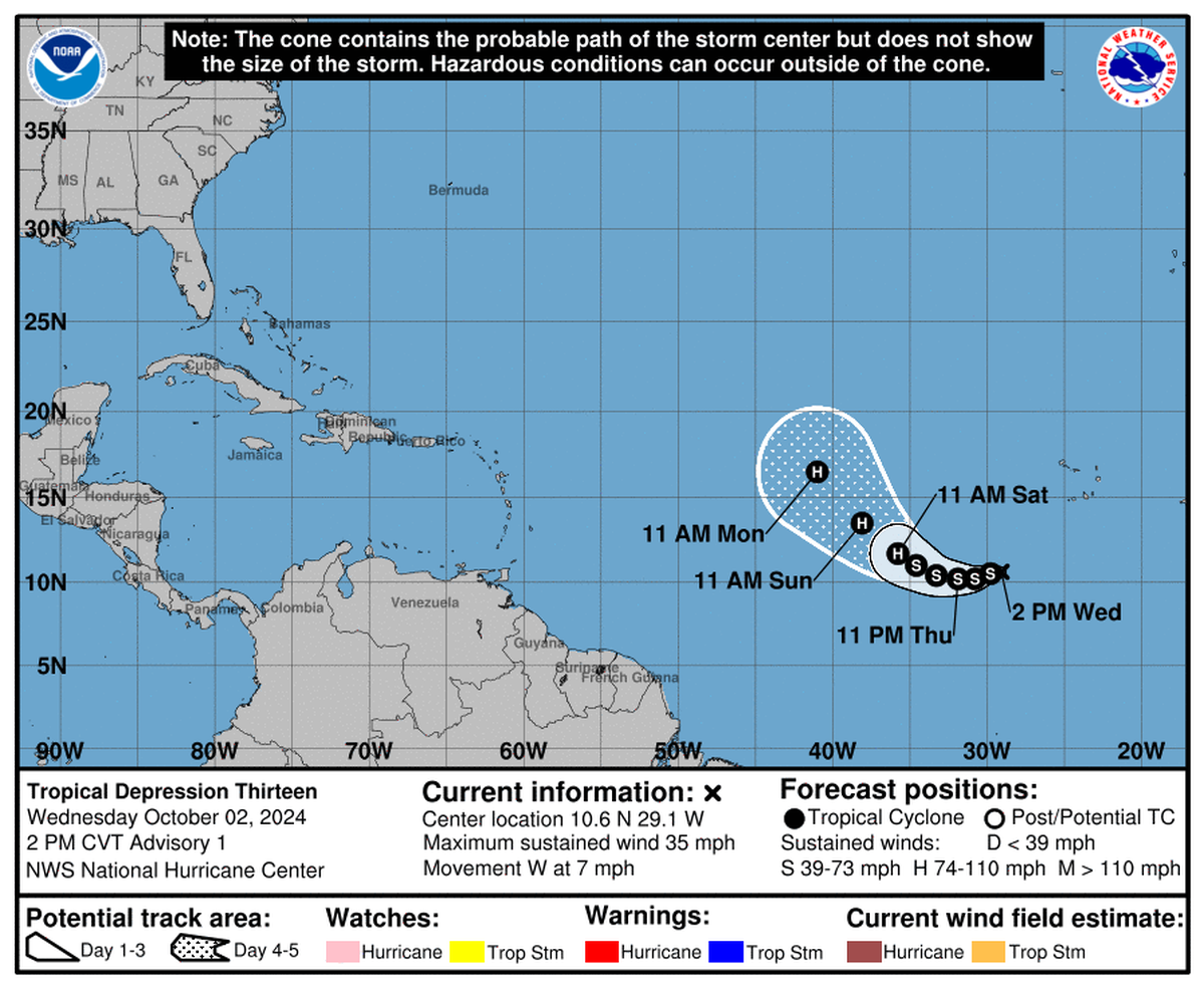El NHC informó que este miércoles 2 de octubr se formó la depresión tropical 13 en el este del Atlántico.