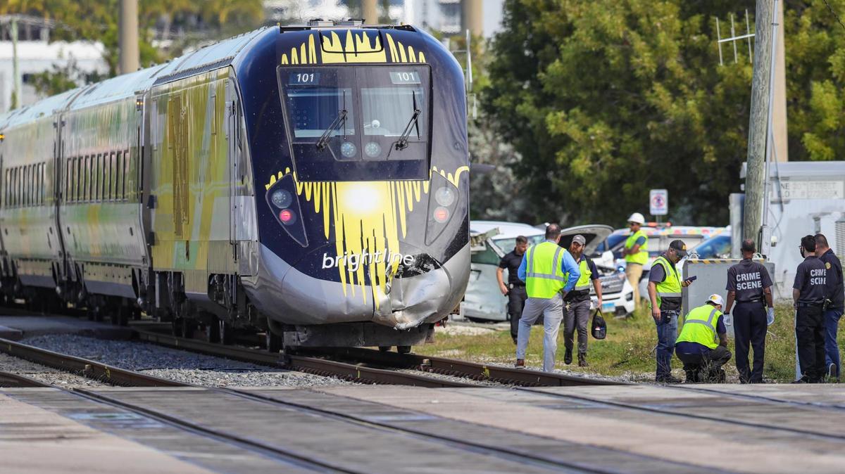A car on the railroad tracks was struck by a Brightline train on the southeast edge of Miami’s Wynwood area on Thursday, January 13, 2022.