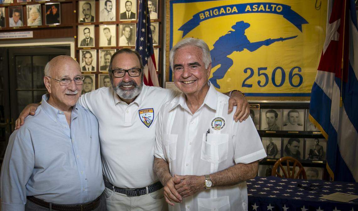 Humberto Martinez, Humberto Cortina and Johnny Lopez de la Cruz in the original Brigade 2506 Museum and Library in Little Havana on April 9, 2021.