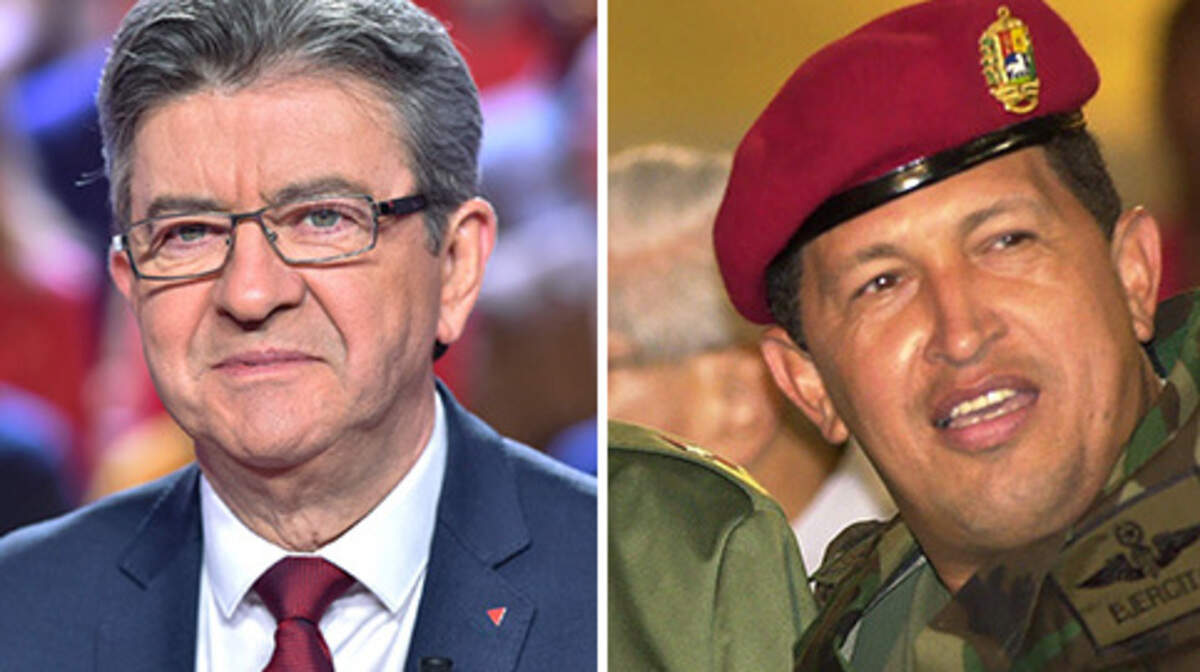 El líder de izquierda de Francia, Jean-Luc Mélenchon, y el fallecido presidente venezolano Hugo Chávez. 