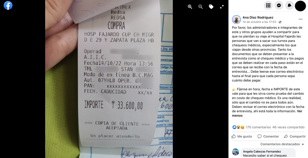 Un recibo del Hospital Manuel Fajardo en La Habana muestra el nuevo precio del chequeo médico. El procedimiento es requisito para obtener la visa estadounidense categoría IR-5.