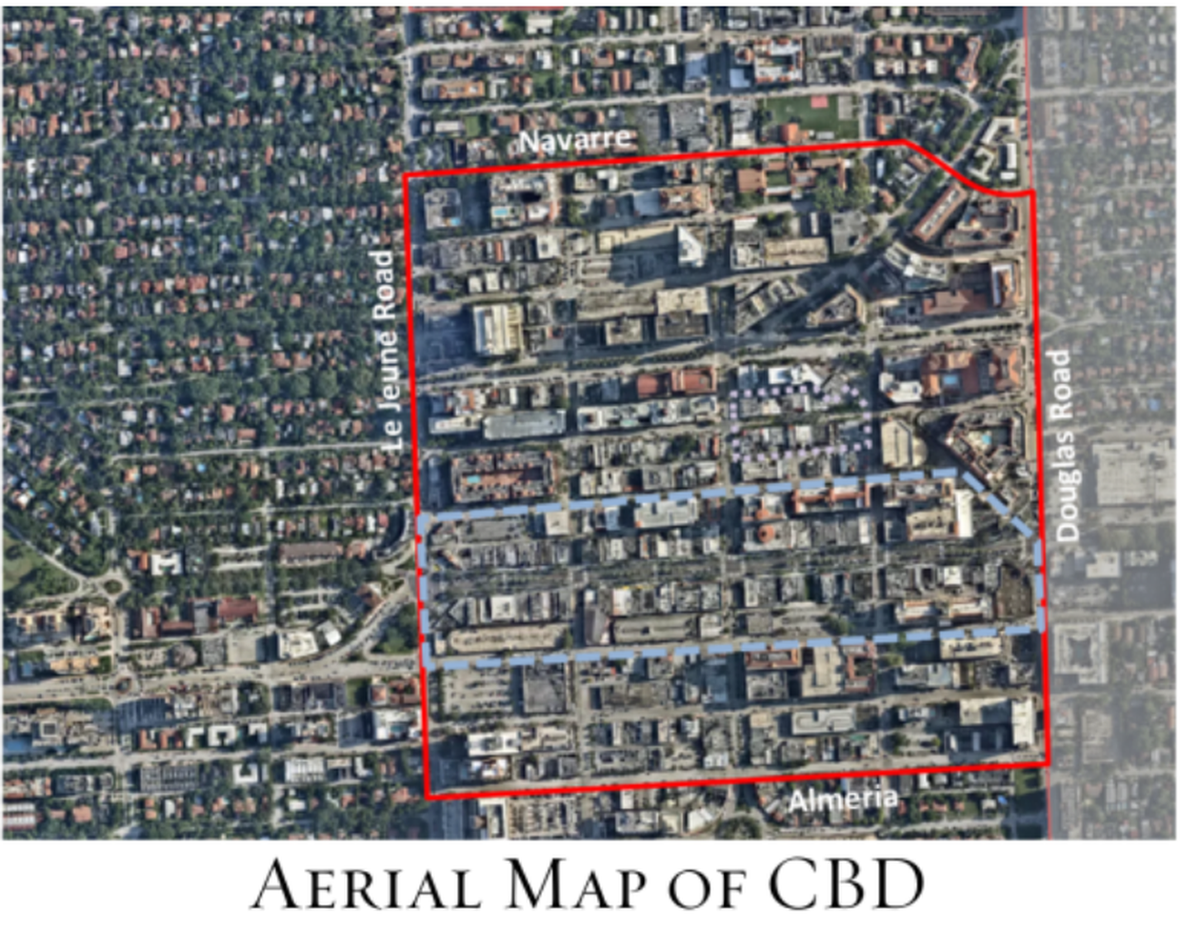 Este mapa muestra los límites del distrito comercial central de Coral Gables.