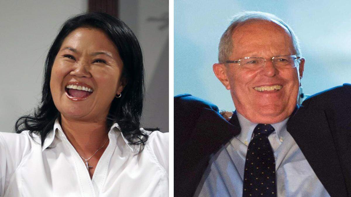Keiko Fujimori y Pedro Kuczynski celebran los resultados de la primera vuelta de la elección presidencial, el 10 de mayo.