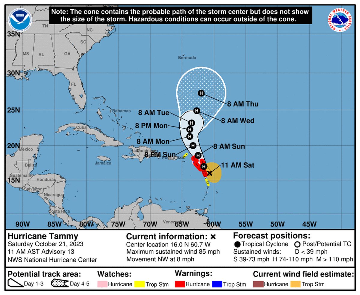Trayectoria que se pronostica del huracán Tammy el sábado, 21 de octubre de 2023.