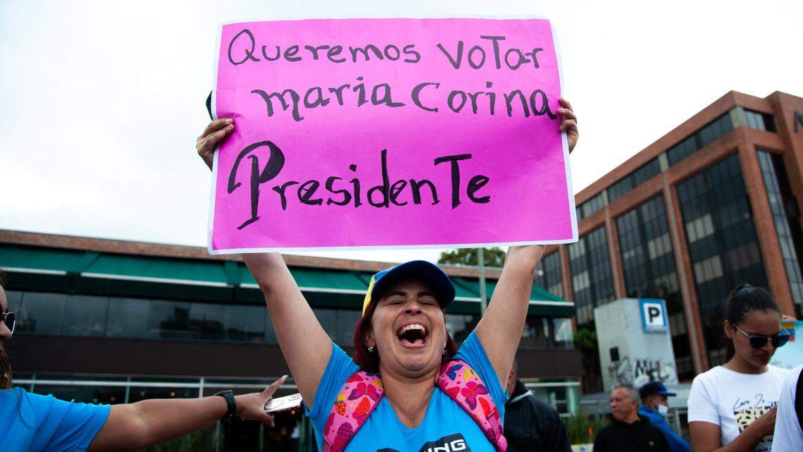 Venezuelans living in Colombia protest in Bogota on Feb. 4, 2024 to demand the right to vote in their country’s presidential election.