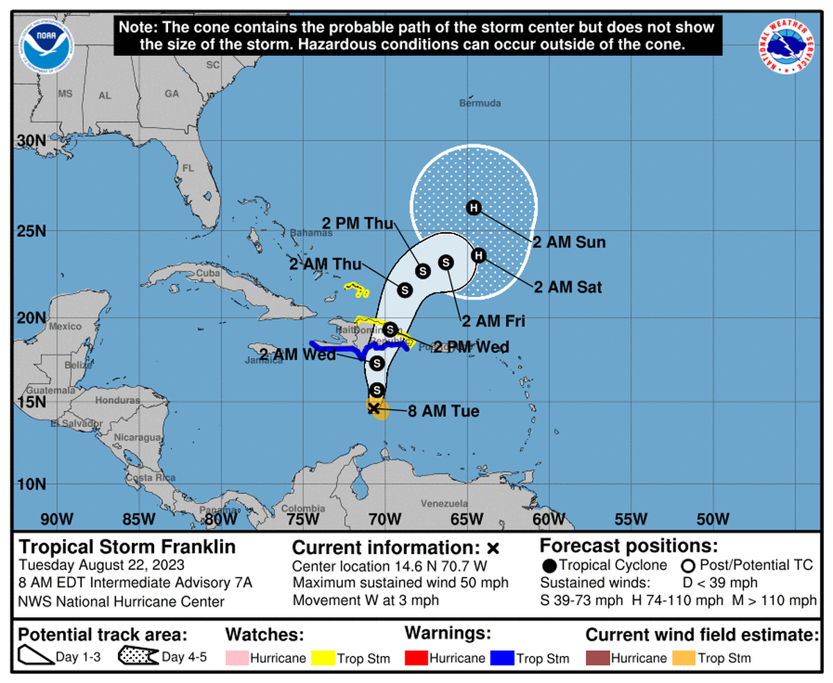 El centro de la tormenta tropical Franklin se pronostica que alcance la costa sur de la Española el miércoles 23 de agosto de 2023.