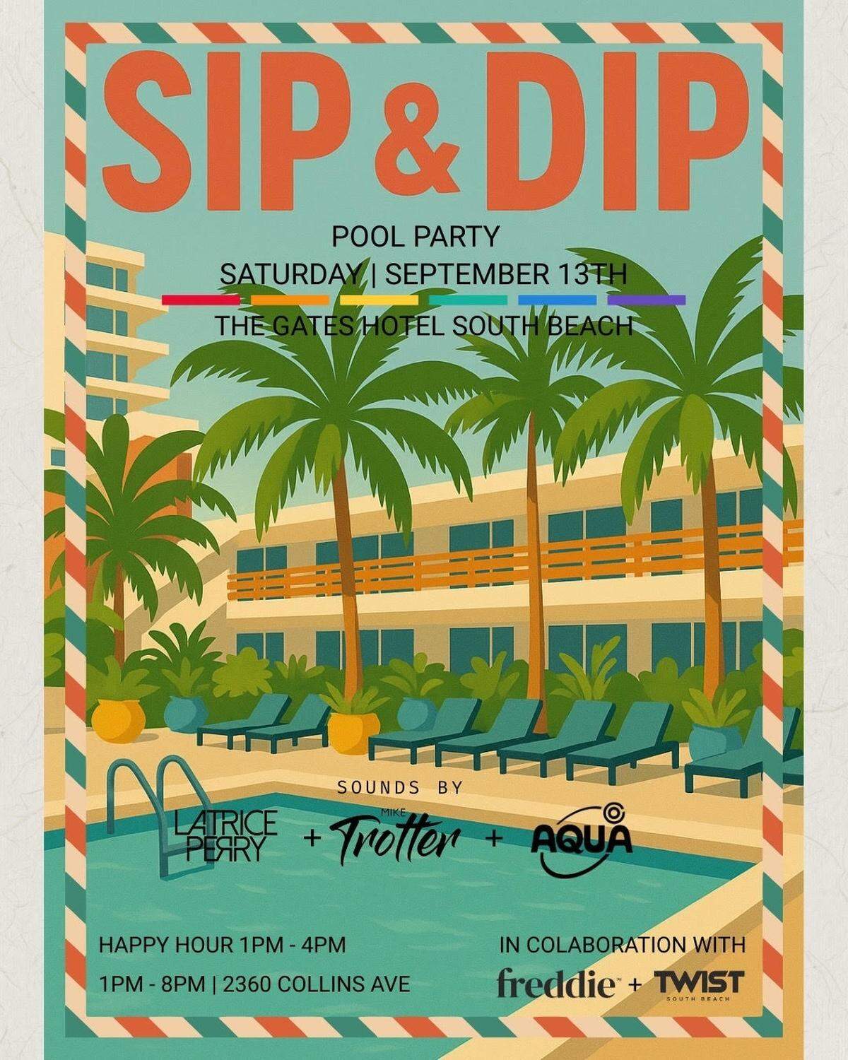 Sip & Dip en The Gates Hotel South Beach, un plan para mezclarse, bailar y relajarse junto a la piscina.