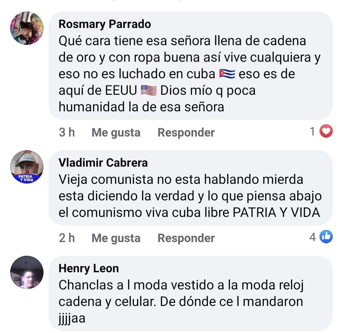Toma de pantalla de los comentario y reacciones en Facebook.