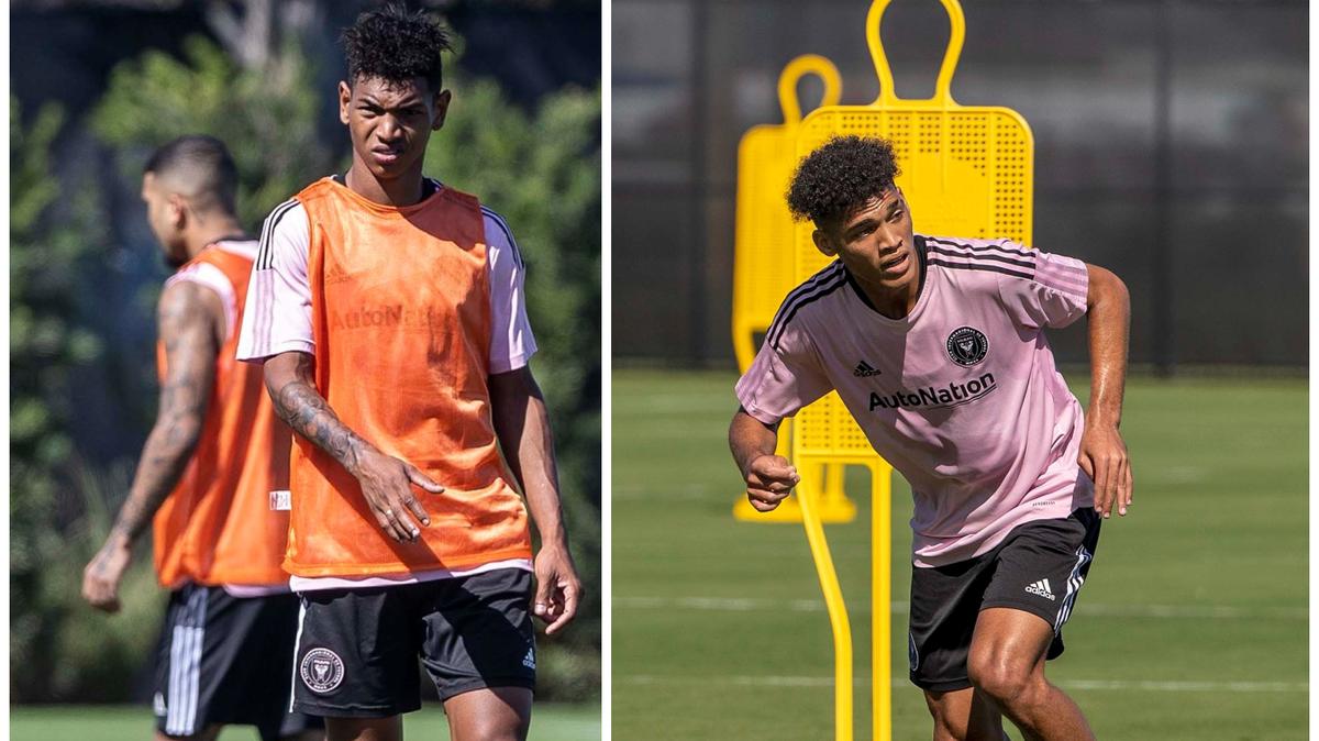 Los internacionales cubanos Modesto Méndez y Dairon Reyes (de.), del Inter Miami II, se entrenan en las instalaciones del equipo en Fort Lauderdale el 10 de febrero de 2022.