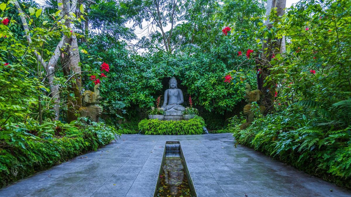 Estatua de Buda en Patch of Heaven Sanctuary, un espacio mágico de 20 acres en los Redlands para entrar en contacto con la naturaleza, con el que inicia la nueva temporada de Miami Oculto. Se pueden visitar jardines pequeños para despertar los sentidos y meditar, una mariposario, una casa histórica y un restaurante tailandés.