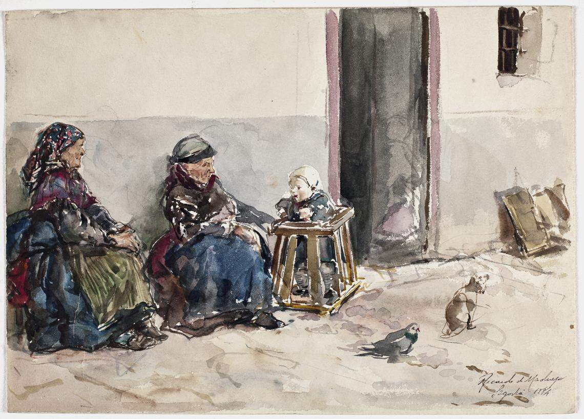 ‘Ancianas con una niña sentadas a la puerta de una casa’ de Ricardo Madrazo 1884. Papel, Madrid, Museo Nacional del Prado. Exposición: “Ricardo Madrazo” del 19 de octubre 2026 al 17 de enero de 2027.