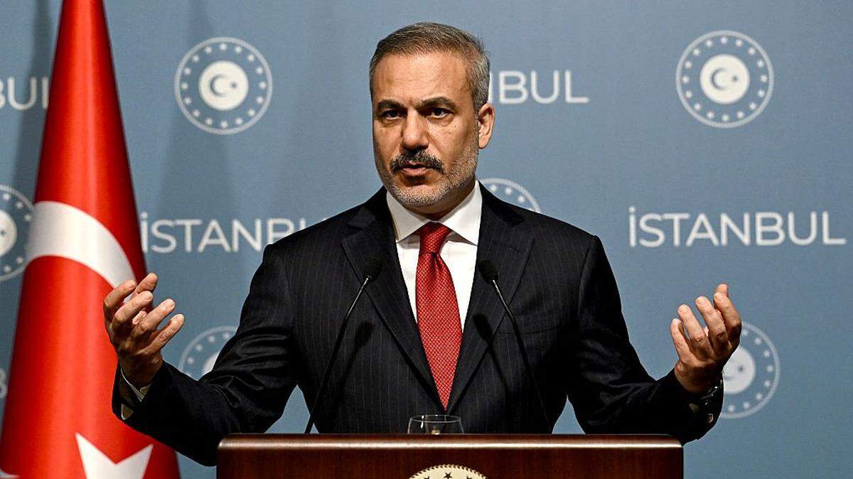 Turkish Foreign Minister Hakan Fidan gestures as he speaks during a press conference after a meeting with his counterparts from Saudi Arabia, Qatar, the United Arab Emirates, Jordan, Pakistan and Indonesia in Istanbul on November 3, 2025. Turkey on November 3, 2025, hosts a string of top diplomats from the Islamic world to bring their influence to bear on the future of Gaza, as fears grow for the increasingly fragile truce. The October 10 ceasefire in the two-year-long Israel-Hamas war, brokered by US President Donald Trump, has been sorely tested by continued Israeli strikes and claims of Palestinian attacks on Israeli soldiers. (Photo by Ozan KOSE / AFP) (Photo by OZAN KOSE/AFP via Getty Images)
