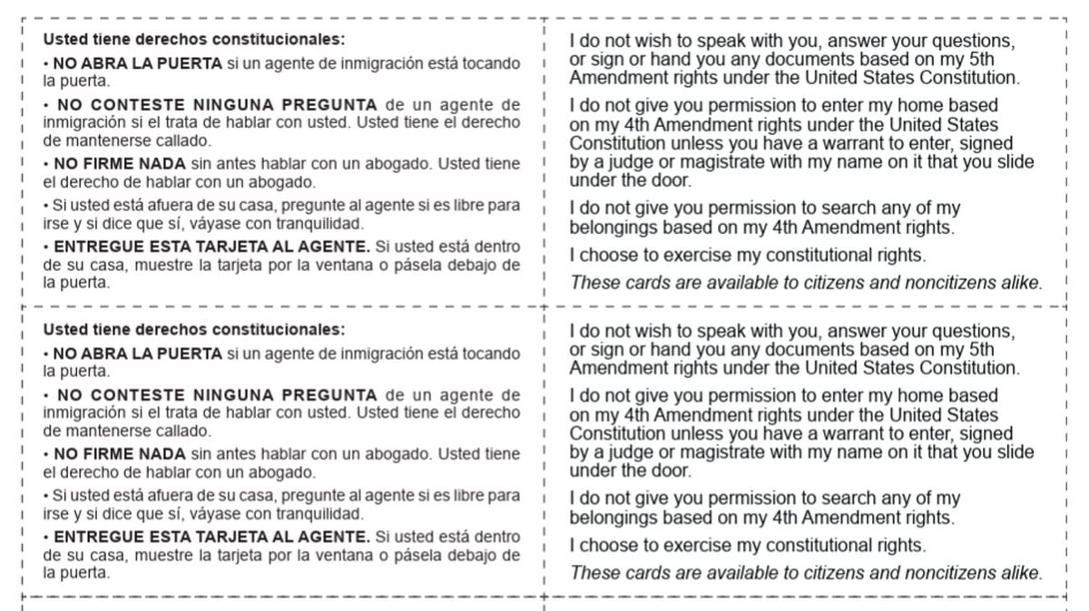 Esta tarjeta contiene instrucciones indicando lo que debes hacer si se te acerca un agente de la Policía de Inmigración (ICE). Como inmigrante en Estados Unidos, debes conocer tus derechos.