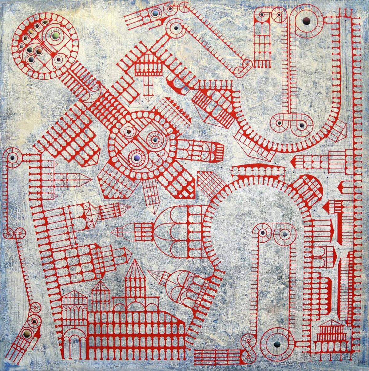 'Citadel', 2017, de Carlos Estévez, óleo sobre acuarelas sobre lienzo. En el Lowe Art Musum con la exhibición 'Cities of the Mind'.
