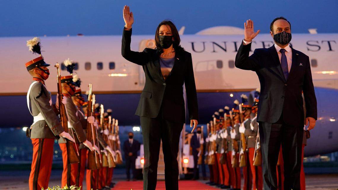 Kamala Harris and Guatemalan Foreign Relations Minister Pedro Brolo attend a ceremony during her visit to Guatemala City in June 2021.