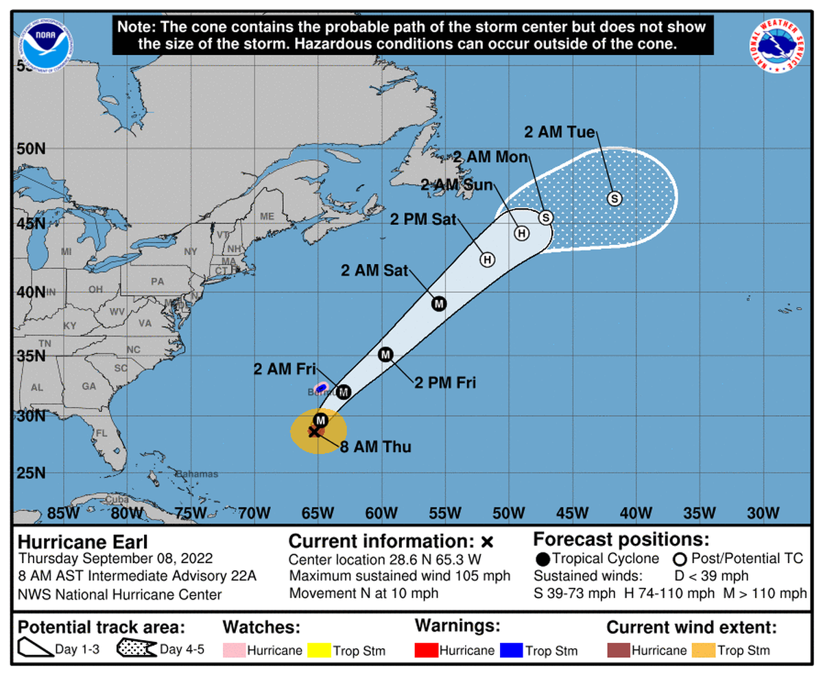 Earl continuará fortaleciéndose y podría transformarse en un “peligroso” huracán de categoría 4 con vientos de entre 130 a 156 mph (209-251 km/h).