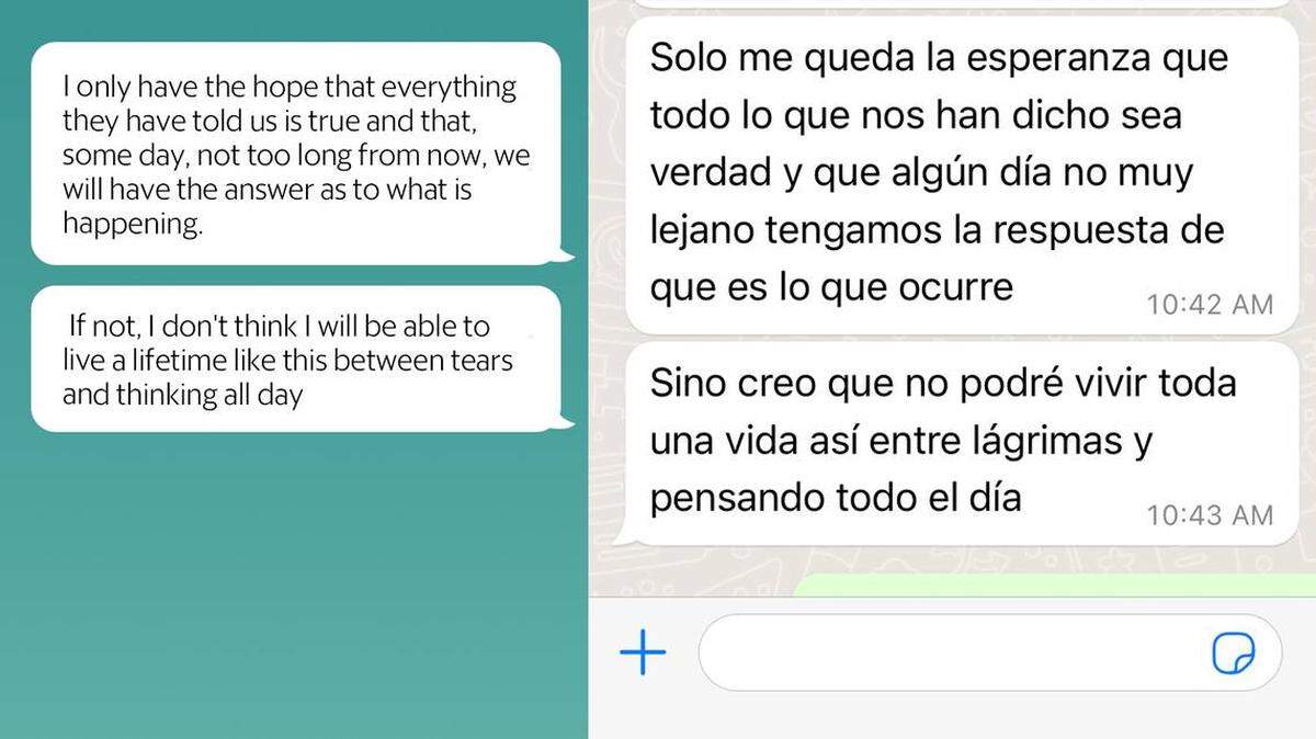 Capturas de pantalla de WhatsApp de familiares que están buscando a sus seres queridos después de que desaparecieron durante los viajes en barco de migrantes de Cuba a los Estados Unidos. Rachel Handley