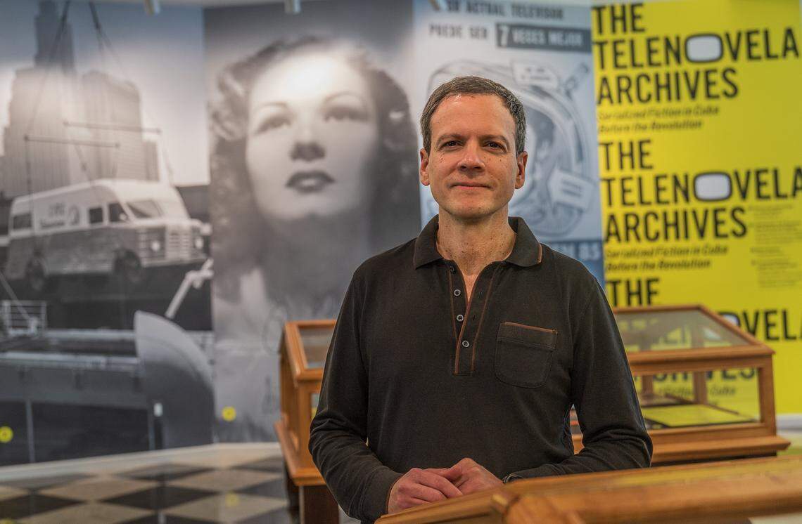 Juan Andrés Bello, a documentary researcher and producer, curator of “The Telenovela Archives: Serialized Fiction in Cuba Before the Revolution” exhibit on display at the Cuban Heritage Collection at the Roberto C. Goizueta Pavillion on the University of Miami's Otto G. Richter Library, on Wednesday October 29, 2025.