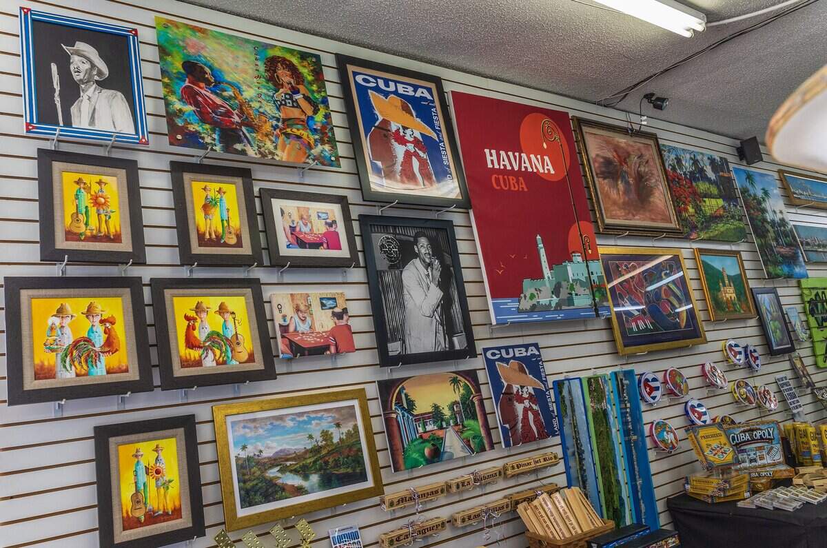 View of posters, paintings, etc, on display at “Sentir Cubano” a store established in 1999 on the iconic Calle 8 and 31st Avenue, full of Cuban related memorabilia dedicated to advancing and preserving the Cuban heritage, in Miami, on Wednesday, April 29, 2026.