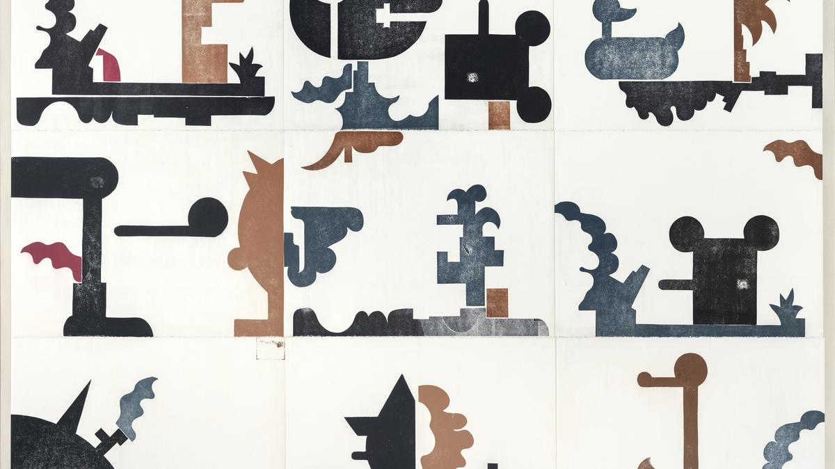 “Legopainting / Tetris”, 2003 - 2025, de Néstor Arenas. Grabado xilografía sobre papel, 72.25 x 93.75 pulgadas.