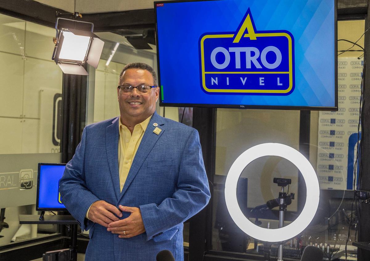 Candidate Juan Carlos Esquivel, running for Doral City Council Seat 3, posed in the studio of the Doral Voice Radio Station, he founded and streams his show “A otro nivel, con Esquivel” in Doral, on Friday, May 31, 2024.