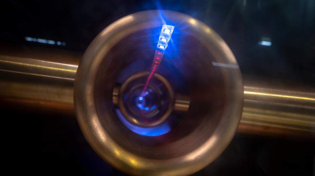 A radio frequency particle accelerator is displayed in an exhibition during a press tour at the European Organisation for Nuclear Research (CERN) on the Future Circular Collider (FCC) feasibility study, in Geneva, on April 19, 2023. - Environment, seismology, geology, the CERN is launching its first field analyse to build a particle accelerator three times longer than the current Large Hadron Collider (LHC) which will be completed in 2040. (Photo by Fabrice COFFRINI / AFP) (Photo by FABRICE COFFRINI/AFP via Getty Images)
